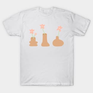 Danish Pastel Minimal Flowers in Funky Vases in Warm Neutrals T-Shirt